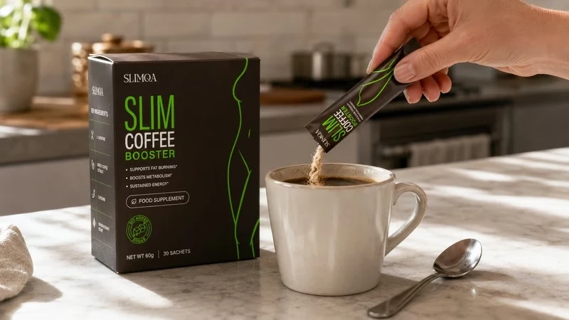 SLIMQA Slim Coffee Booster junto a una taza de café